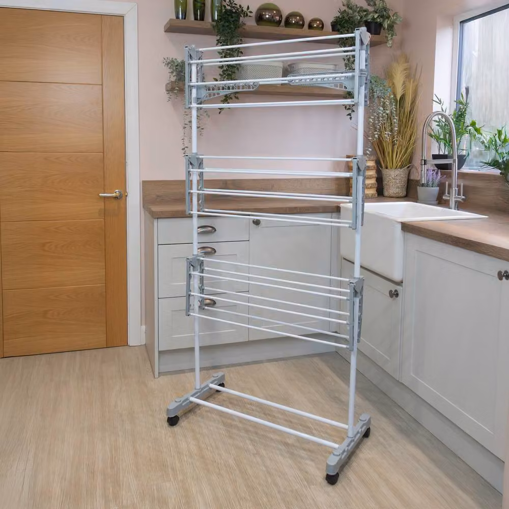 JVL 3 Tier Foldable Drying Rack with Hooks, White Coated Steel – 3