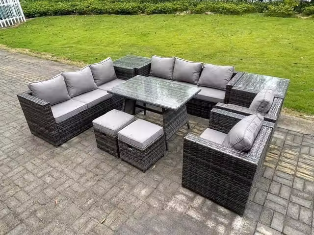 Fimous Dark Grey Wicker Rattan Outdoor Garden Dining Set with Dining Table, 2 Side Tables and 2 Armchairs