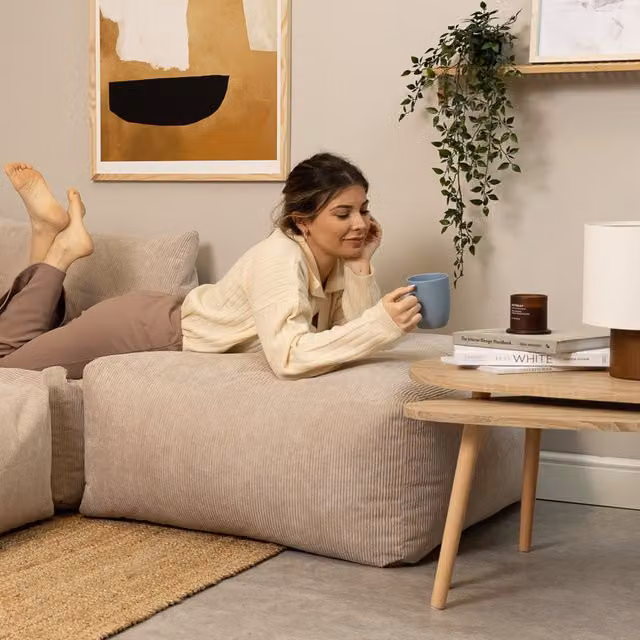 Bean Bag Bazaar icon Tetra Fine Cord Slab Pouffe in Natural Beige and Yellow