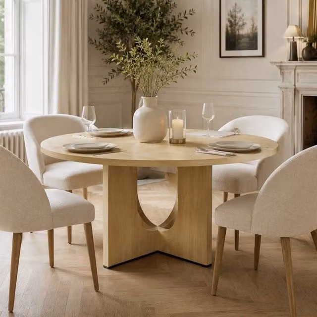 Rolipo Round Farmhouse Dining Table in Brown and Beige, Diameter: 120 cm