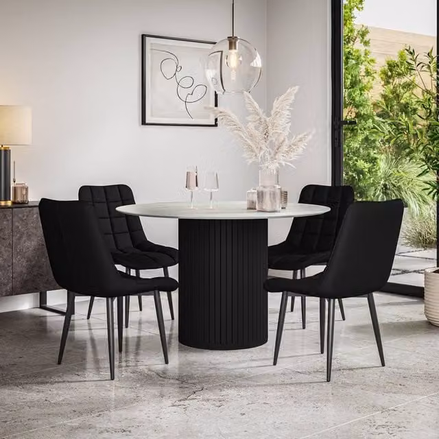 More4Homes Arlo White Marble Effect Round Dining Table and 4 Nova Faux Leather Chairs Set, W: 120 cm, H: 75 cm