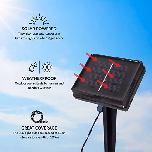 GardenKraft Solar Powered LED String Lights, 2 Pack of 100, Bright White, IP44 Weatherproof with Dusk Sensor – 5