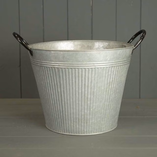 KDMD Grey Round Ribbed Metal Planter with Rustic Striped Finish