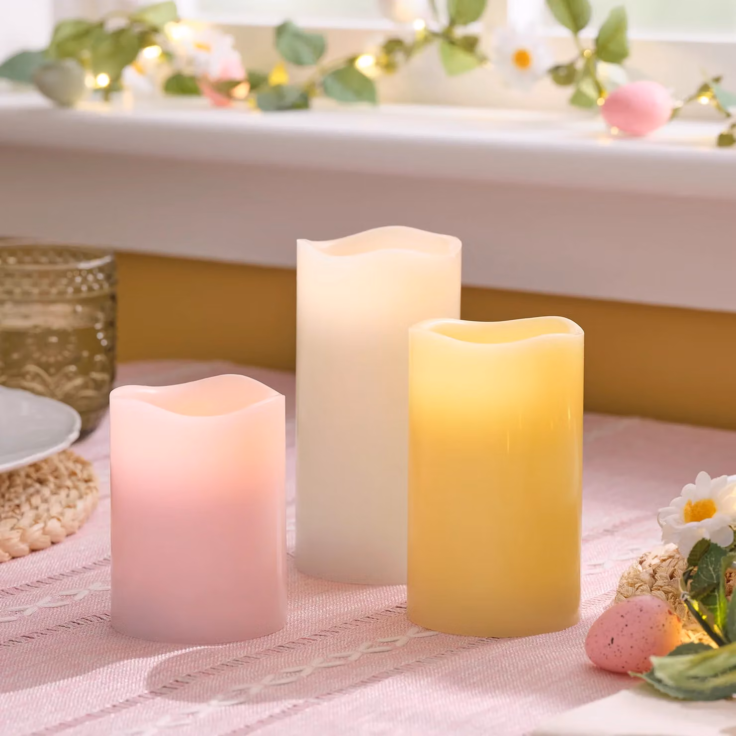 Lights4fun Set of 3 Multicolour Pastel Wax Battery Operated LED Pillar Candles with Flicker Effect and Timer Function