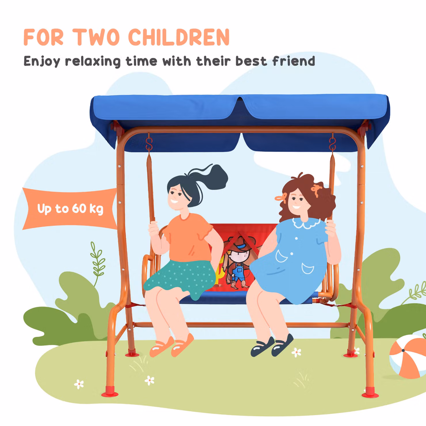 Outsunny Cowboy Themed Two Seater Kids Garden Swing Chair with Adjustable Canopy and Safety Belts – 3