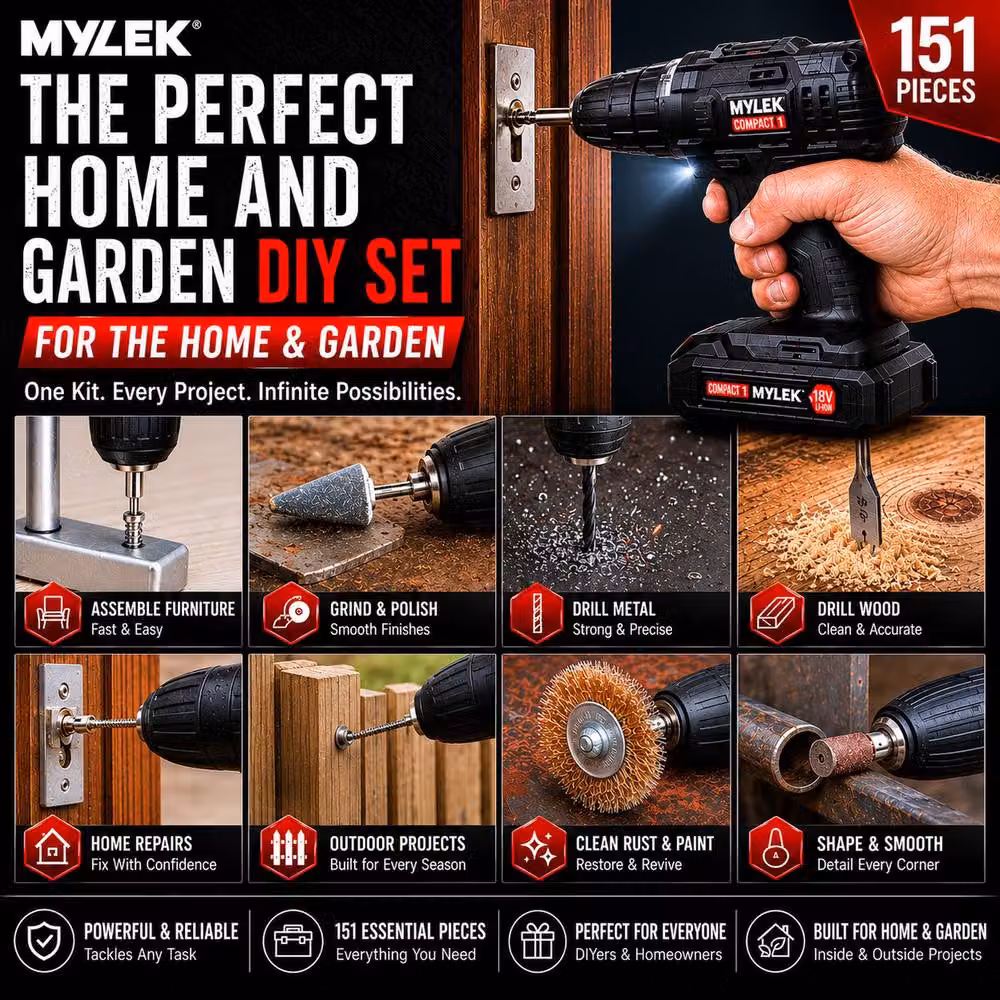 MYLEK 18V Cordless Drill with 151 Piece Accessory Kit and Carry Case, Black – 4