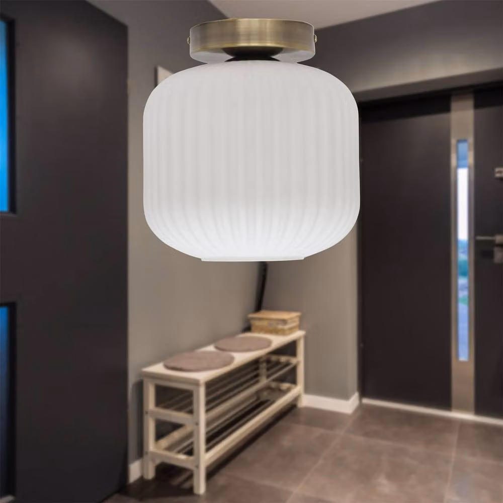 First Choice Lighting Bento Set of 2 White Glass and Antique Brass Ceiling Light Fittings – 2