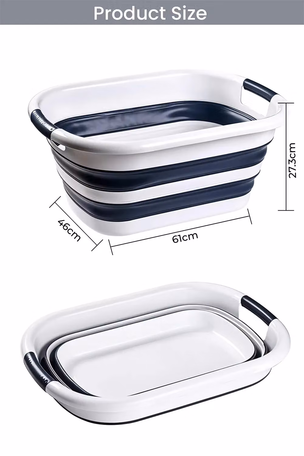 Neel Blue Collapsible Oval Laundry Basket with Handles, Blue and White, 40L – 2