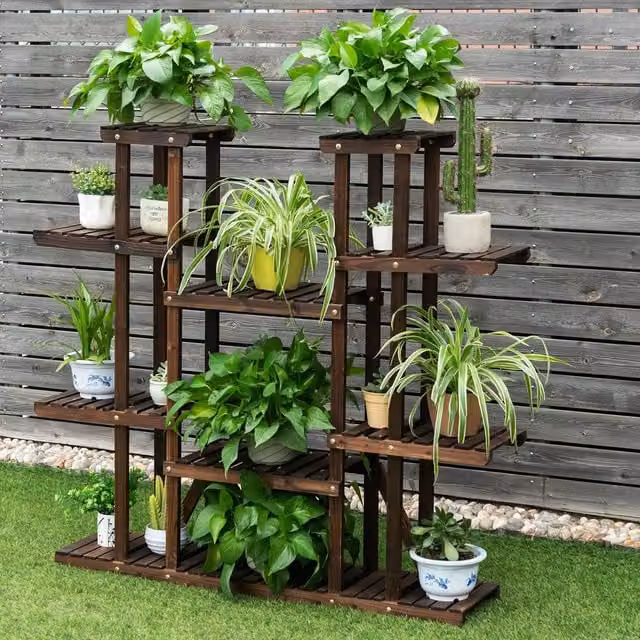 Costway 9 Tier Wood Plant Stand and Flower Display Rack in Natural Brown – 1