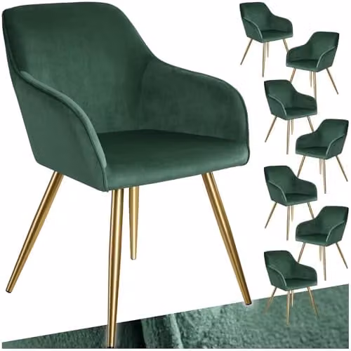 tectake Set of 8 Velvet Look Dining Chairs with Armrests and Gold Steel Legs, Dark Green/Gold – 1