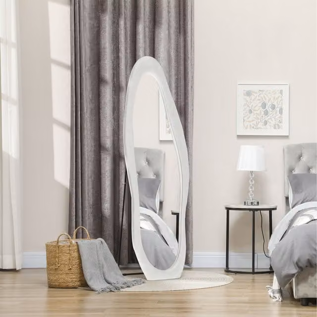 HOMCOM Irregular Wavy Full Length Mirror with White Velvet Frame