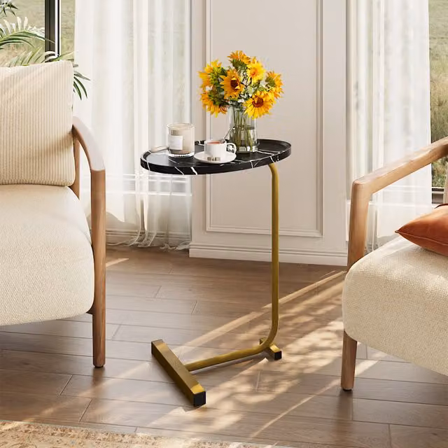 Livingandhome Minimalist Metal Frame Side Table with Glossy MDF Top in Black and Gold