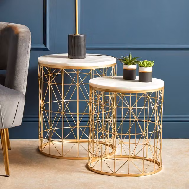 Orsina Set of 2 Round White Marble Nesting Side Tables with Gold Geometric Metal Bases – 1