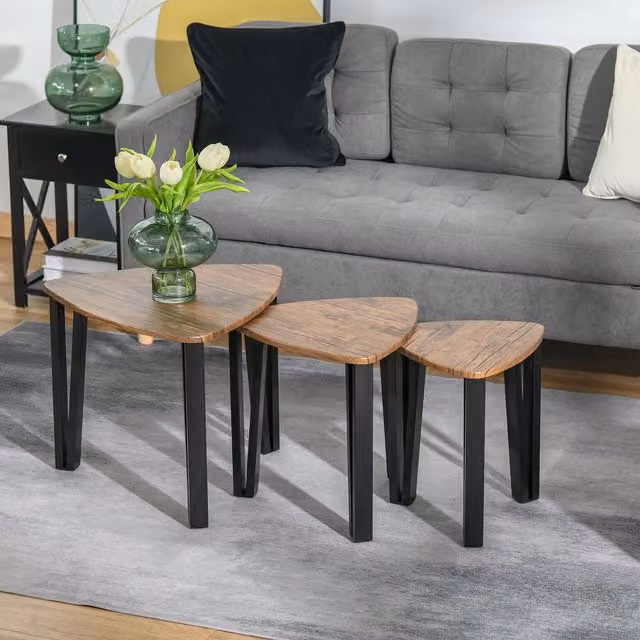 HOMCOM 3 Piece Nesting Coffee Table Set with MDF and Metal Construction in Black and Brown
