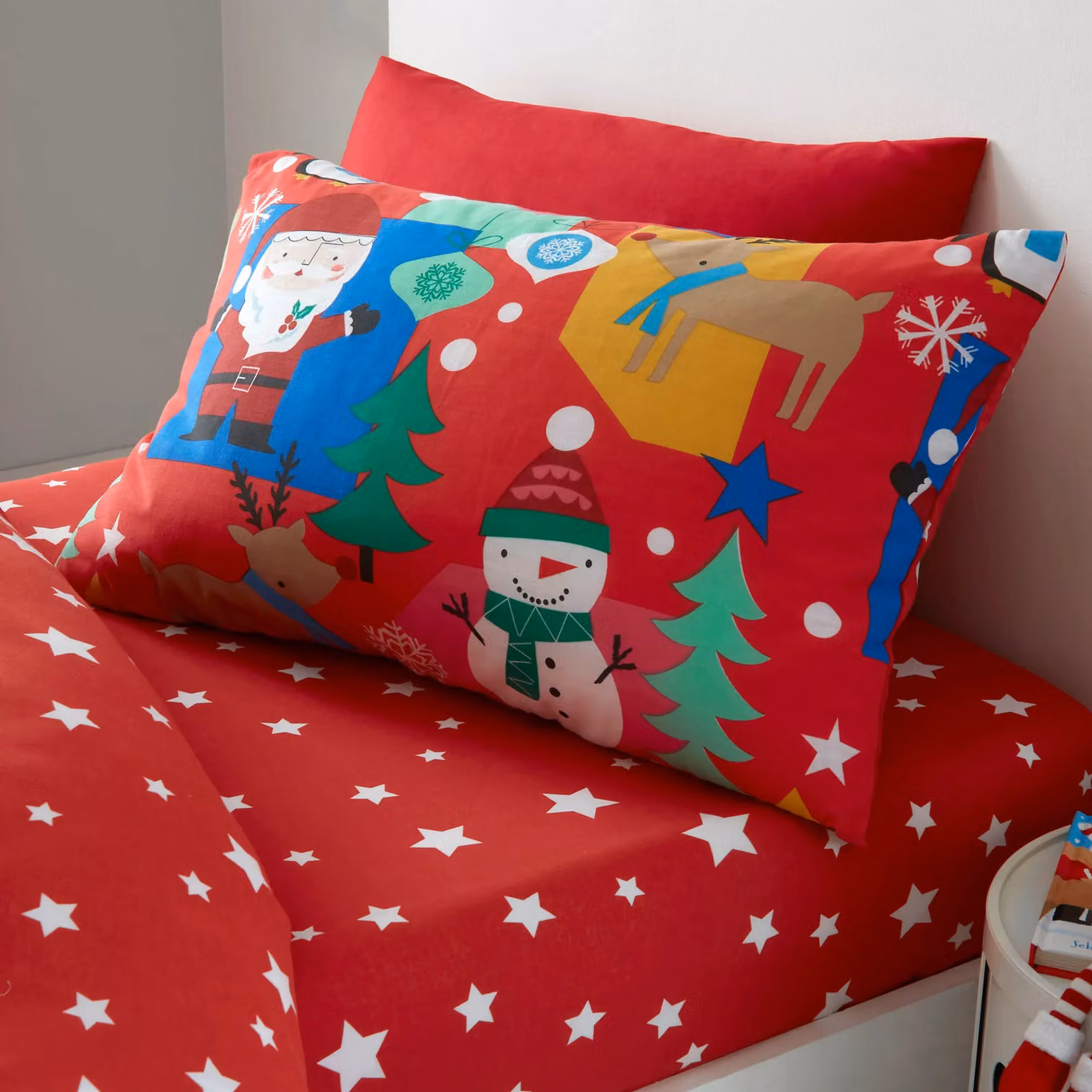 Happy Linen Company Kids Jolly Christmas Reversible Red Duvet Cover and Pillowcase Bedding Set, Toddler Size