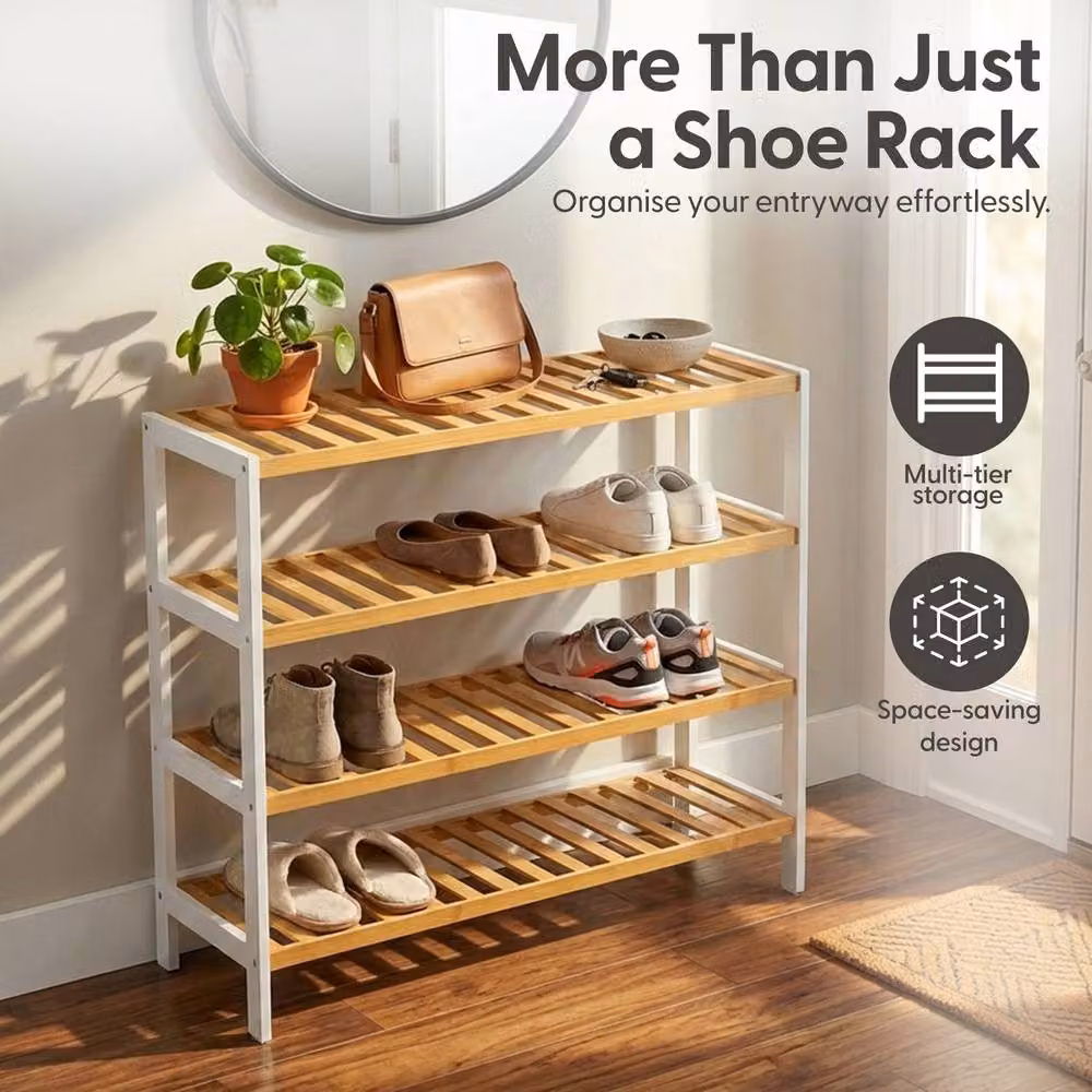 Keplin 4-Tier Bamboo Shoe Rack in White and Natural Wood – 3
