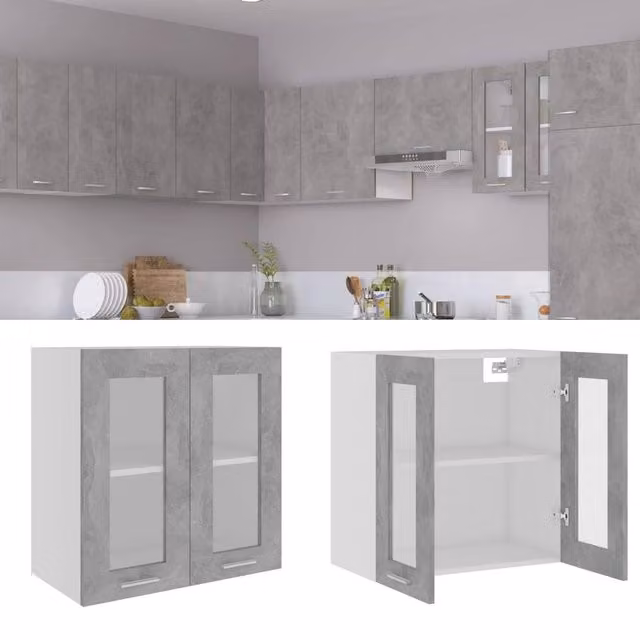 Berkfield Home Hanging Glass Cabinet in Concrete Grey with Glass Doors and Internal Shelves, W/D/H: 60 x 31 x 60 cm