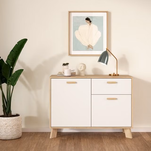 Furniture To Go Ikast Modern Sideboard with 2 Doors and 1 Drawer in Jackson Hickory and White