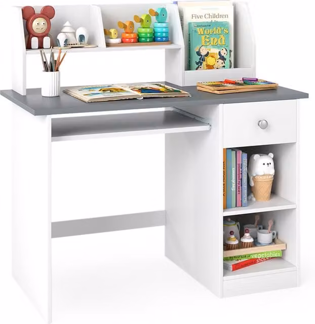 COSTWAY Modern Multifunctional Student Desk in Grey and White