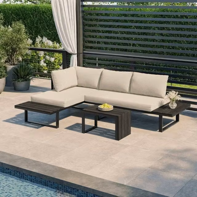 Modish Furnishing Naples 4 Seater Modular L-Shape Corner Sofa Chaise Garden Set with Coffee Table in Cream Powder Coated Aluminium – 1