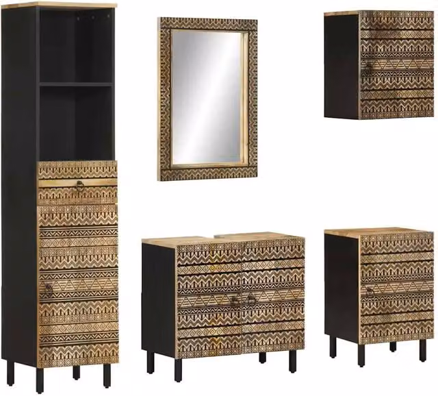 Berkfield Home 5 Piece Solid Mango Wood Bathroom Furniture Set in Brown