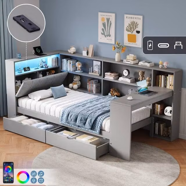 Matteo Grey Fabric L-Shape Daybed with Storage Drawers, LED Lighting and USB Charging Station, W/D/H: 90 x 190 cm – 1