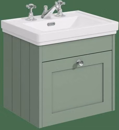 Balterley 500mm Wall Hung 1 Drawer Unit and Classic 3 Tap Hole Basin in Satin Green – 1