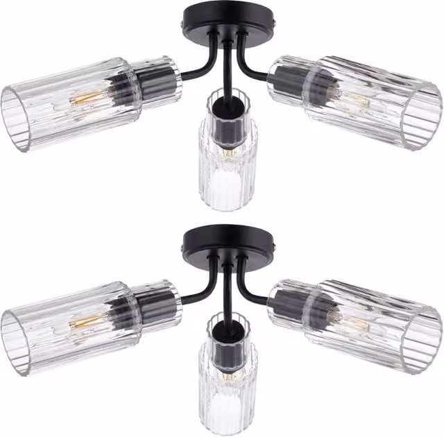 First Choice Lighting Portland Set of 2 Modern Black and Transparent Glass Flush Ceiling Lights