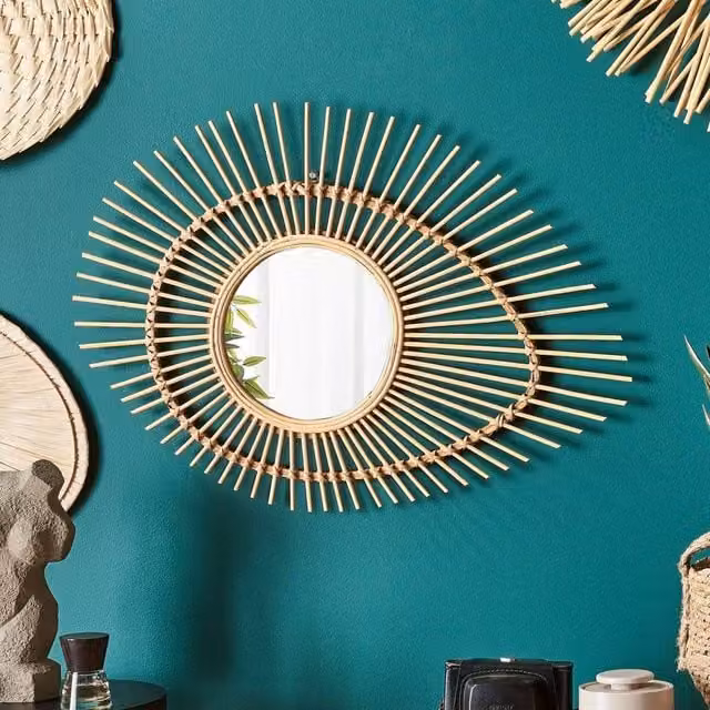 Wyld and Coco Eye-Shaped Bamboo Wall Mirror in Brown with Rustic Wood and Glass Frame – 1