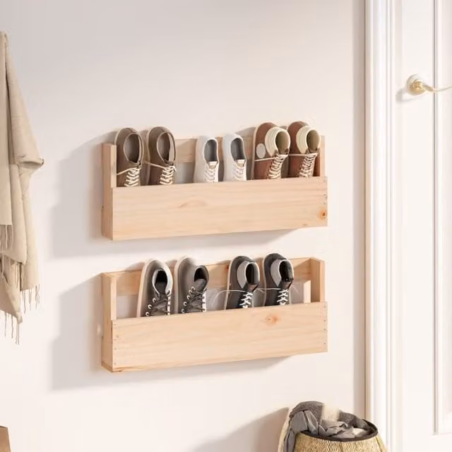 Berkfield Home Wall-mounted Shoe Racks, 2 Piece Set, Brown Solid Pine Wood, W: 59 cm, D: 9 cm, H: 23 cm