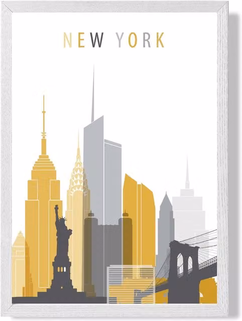 ARTZE New York City Skyline Framed Print in Yellow, Grey and White