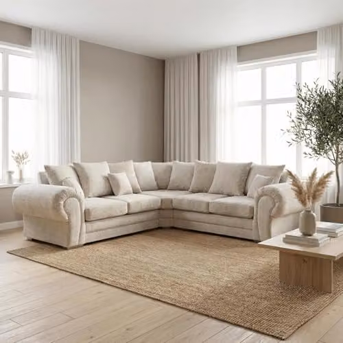 Abakus Direct Verona L-Shaped Corner Sofa in Beige with Foam-Filled Seats and Fibre Back Cushions