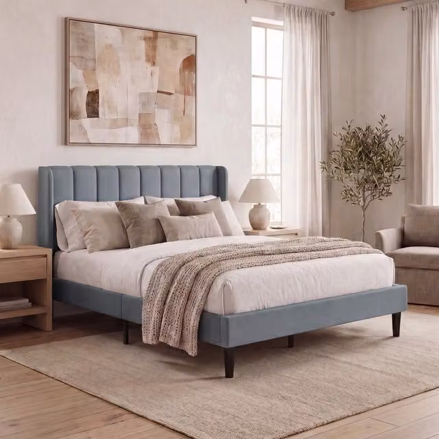 Vida Designs Modern Upholstered King Size Bed in Light Grey