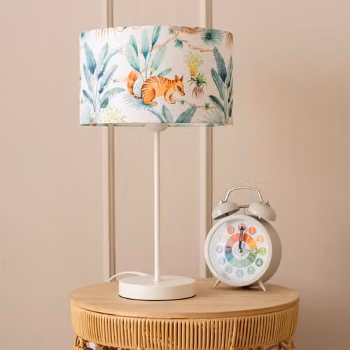 ValueLights White Metal Single Stem Table Lamp with Kids Jungle Drum Lampshade and Included LED Bulb – 2