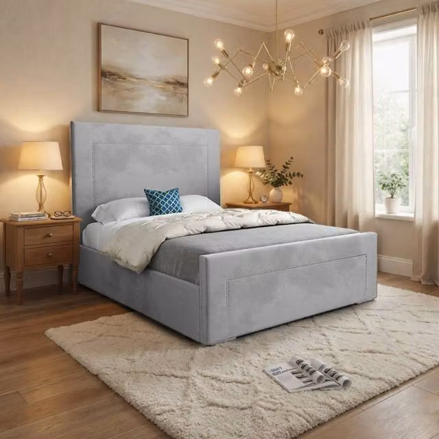 KDMD Lyminge Upholstered Grey Soft Velvet Designer Bed Frame, W/D/H: 200 x 137 x 189 cm – 1