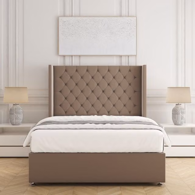 BSSPOKE Winchester Divan Bed Set with 54 inch Headboard and Mattress in Bronze Plush Velvet, W/D/H: 90 x 190 cm