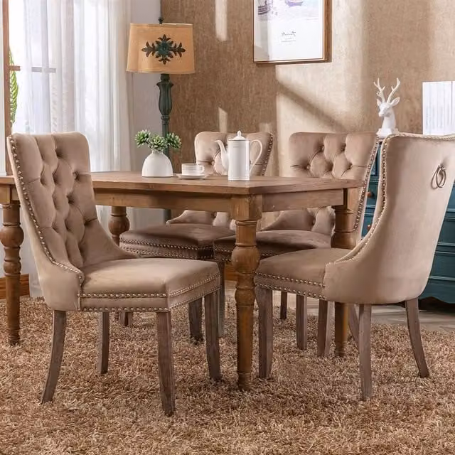 Modern Home Touch Romsey Set of 4 Brown Velvet Upholstered Dining Chairs with Oak Legs and Knocker Ring Back – 1