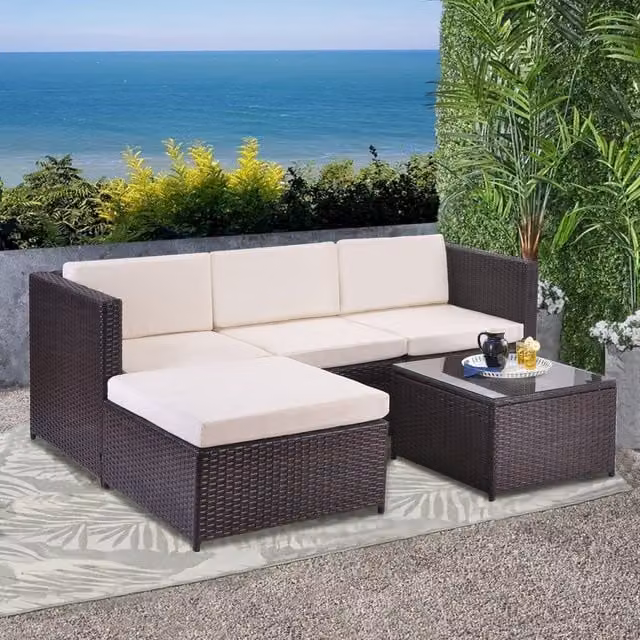 MCC Direct Rupert Brown Rattan L-Shaped Corner Sofa Set with Coffee Table and Upholstered Cushions