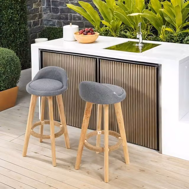 EONLION Set of 2 Grey Fabric and Rubberwood Padded Bar Stools with Backrest – 1