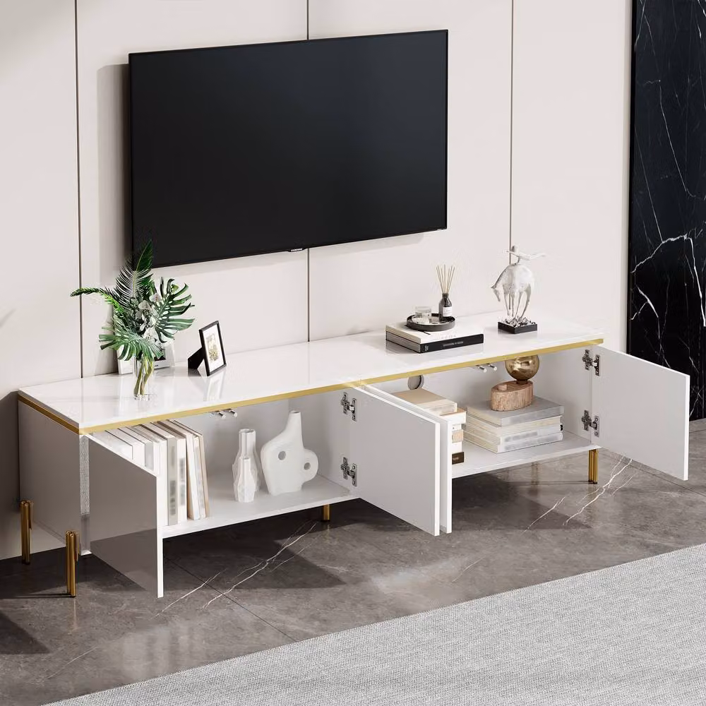 Rolipo White High Gloss Modern TV Stand with 4 Doors and Gold Accents – 2