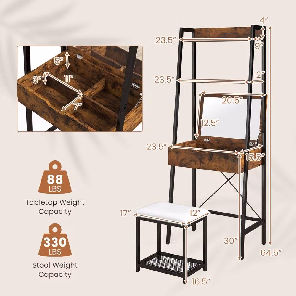 CASART Ladder Dressing Table Set with Stool and Flip-up Mirror in Brown – 3