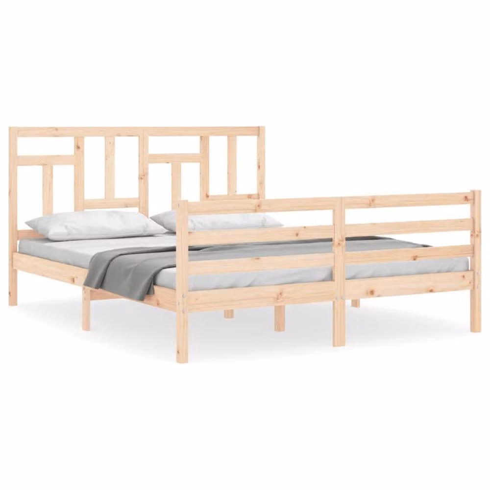 Berkfield Home Beautiful Bed Frame with Headboard in Natural Solid Pine, W/D/H: 160 x 200 x 165.5 cm – 2