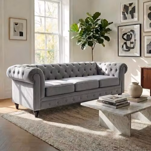 Bravich Grey Velvet Chesterfield 2 and 3 Seater Sofa Suite with Solid Wood Frame and Foam Cushions – 5