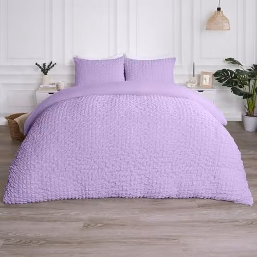 OHS Lilac Purple Seersucker King Size Duvet Cover Set with Matching Pillowcases