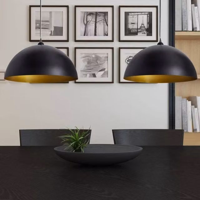 Berkfield Home Modern Metal Dome Ceiling Lamp Set of 2 in Black and Gold/Brass, Height-adjustable