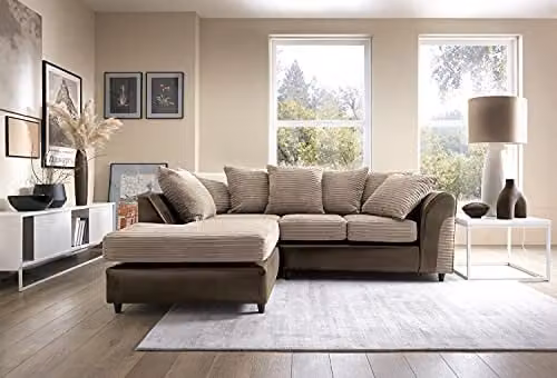Abakus Direct Harvey Left Facing L-Shape Corner Sofa in Brown and Beige Jumbo Cord Fabric