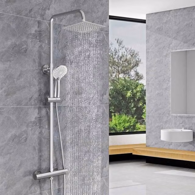 NESTLUNE S-09B Thermostatic Twin Head Bathroom Shower Mixer Set in Silver and Chrome – 1