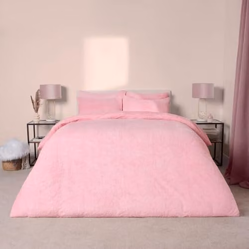 OHS Teddy Fleece Duvet Cover and Pillowcase Set, Pink, W/D/H: 200 x 200 cm and 50 x 75 cm