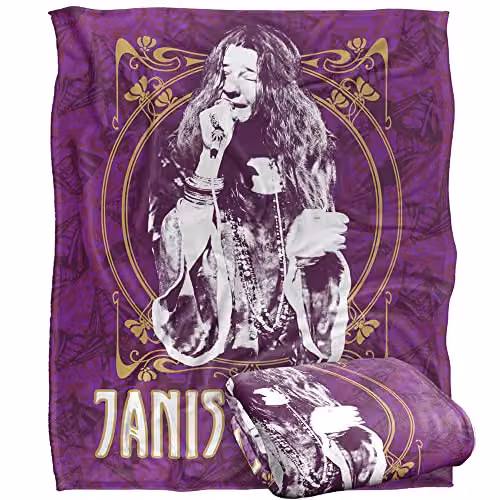 LOGOVISION Janis Joplin Gold Framed Silky Touch Super Soft Fleece Throw Blanket in White, W/D/H: 152 x 127 cm