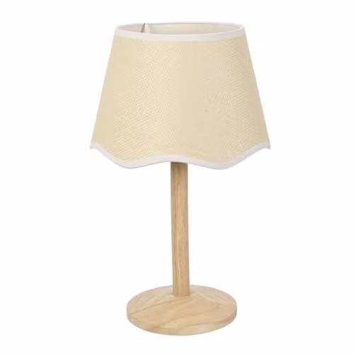 ValueLights Single Stem Natural Wood Table Lamp with White Scallop Fabric Shade and LED Bulb